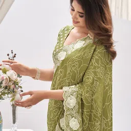Mitera Abstract Printed Embroidered Saree With Blouse Piece-31