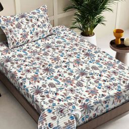 FABINALIV Off White & Blue Floral 300 TC Single Bedsheet with 1 Pillow Covers-image-21