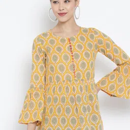 KALINI Geometric Print Keyhole Neck Bell Sleeve Cotton Longline Top-image-32