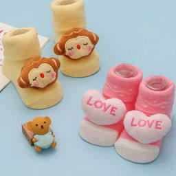 Yellow Bee Infant Girls Pack Of 2 Printed Ankle-Length Cotton Animal Rattle Socks-35