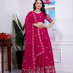 HERE&NOW Embroidered Sequinned Ready to Wear Lehenga & Unstitched Blouse With Dupatta-picture-27