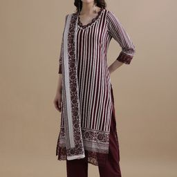 Jaipur Kurti Women Striped Regular Thread Work Pure Cotton Kurta with Trousers & With Dupatta-20