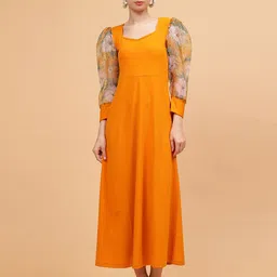 Frolic Rolic Sweetheart Neck Organza Printed Full Sleeves Knitted Polyester Maxi Dress-image-79