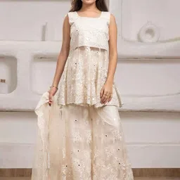 Lagorii Girls Floral Embroidered Regular Mirror Work Kurta with Palazzos & With Dupatta-picture-49