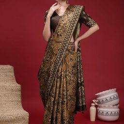 Mitera Ethnic Motifs Silk Blend Block Print Saree-image-86