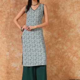 Meeranshi Floral Printed V-Neck Sleeveless Cotton Straight Kurta-44
