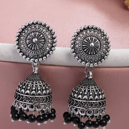 Anouk German Silver-Plated Artificial Beaded Oxidised Dome Shaped Jhumkas-4