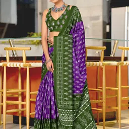 KALINI Floral Block Printed 1-Minute Ready to Wear Mulmul Cotton Saree With Blouse-image-71