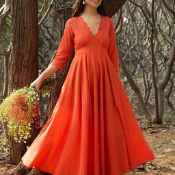 OKHAI Kanak Hand-Embroidery & Mirrorwork Pure Cotton Orange Dress-image-65
