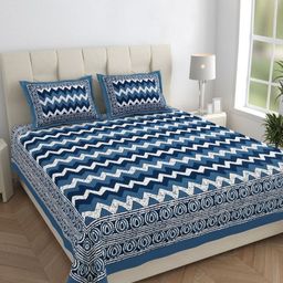 Monik Handicrafts Blue & White Printed 144 TC Cotton King Bedsheet Set 2.28 m x 2.62 m-image-60