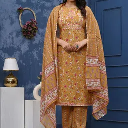 k d fab Floral Printed Mirror Work Pure Cotton Straight Kurta With Trousers & Dupatta-picture-26