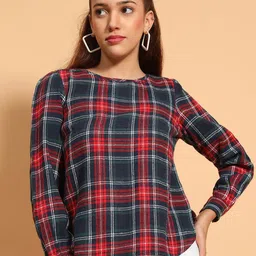 Oxolloxo Women Checked Long Sleeves Cotton Top-12