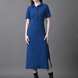 The Roadster Lifestyle Co Women Shirt Collared Side Slit A-Line Midi Dress-image-49