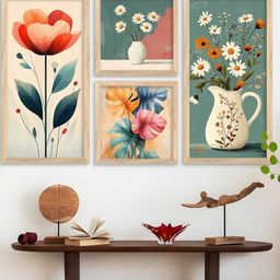 WALLLANE Brown 4 Piece Wood Floral and Botanical Wall Paintings-34