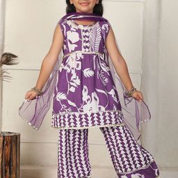 Cutiekins Girls Printed Round Neck Gotta Patti A-Line Kurta With Palazzos & Dupatta-picture-33