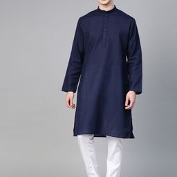 MANQ Men Navy Blue & White Solid Kurta with Pyjamas-picture-5