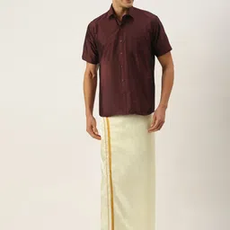 THANGAMAGAN Men Maroon & Off White Shirt with Dhoti Pants-picture-47