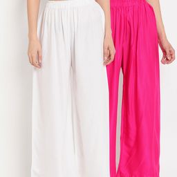 TAG 7 Women Pack Of 2  White & Pink Solid Flared Palazzos-13