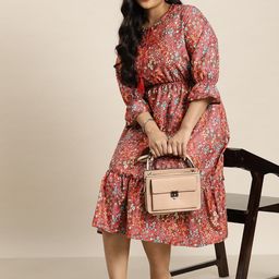 Sztori Plus Size Floral Print Tie-Up Neck Bell Sleeve Ruffled A-Line Midi Dress-picture-11