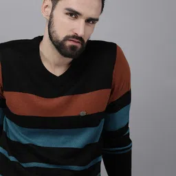 The Roadster Lifestyle Co Men Black & Brown Striped Pullover Sweater-picture-18