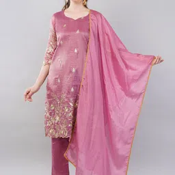 Mishy Floral Embroidered Sequinned Sweetheart Neck Kurta With Trousers & Dupatta-picture-8