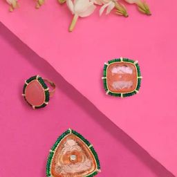 Zaveri Pearls Set of 3 Pink & Green Stones Beads Traditional Finger Rings-ZPFK15407-33