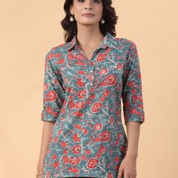 Janasya Women Floral Printed Cotton Shirt Style Top-image-34