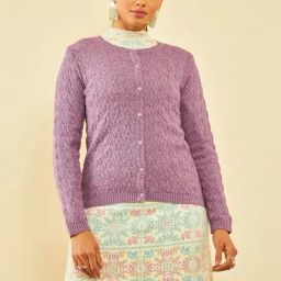 Soch Purple Acrylic Patterned Knit Round-Neck Cardigan with Ribbed Hems-image-29
