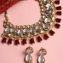 OOMPH Maroon Beads & Kundan Heavy Ethnic Jadau Choker Necklace Set with Drop Earrings-image-68