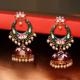 OOMPH Jewellery Red Maroon & Green Enamel Floral Ethnic Jhumki-image-36