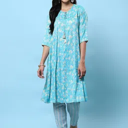 Shree Floral Printed Tie-Up Neck Liva A-Line Kurta With Trousers-picture-37