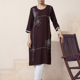 CANIZZARO Floral Embroidered Round Neck Thread Work Linen Straight Kurta-image-26