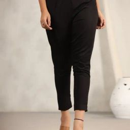 Juniper Black Cotton Lycra Pants For Women With Partially Elasticated Waistband-image-67