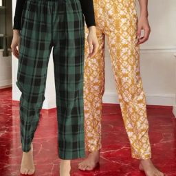 Kryptic Mustard & Green Cotton Relaxed Fit Printed Lounge Pants - Pack of 2-image-90