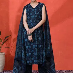 Sangria Floral Printed V-Neck Pure Cotton Straight Kurta And Trousers With Dupatta-picture-48