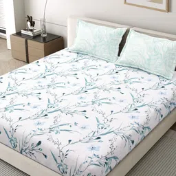 EverHOME Oasis White & Blue Floral Printed Cotton 210 TC King Bedsheet Set-2.74 m x 2.74 m-image-57