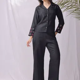 BEYOND ETHNIC Embroidered Linen Shirt Collar Shirt With Palazzos Co-Ords-image-98