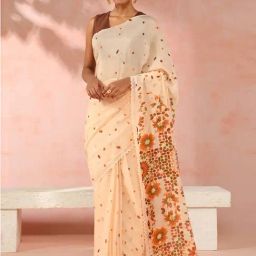 Taneira Cream Cotton Silk Printed Saree With Unstitched Blouse-picture-4