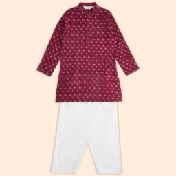 Indus Route by Pantaloons Kids Maroon & White Cotton Printed Full Sleeves Kurta Set-image-63