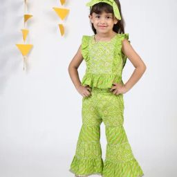 Budding Bees Kids Green Printed Top, Sharara with Hairband-17
