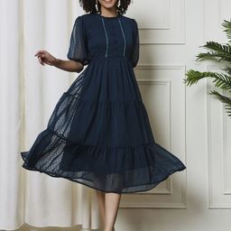 CARTYSHOP Striped Puff Sleeve Georgette Fit & Flare Midi Dress-image-63