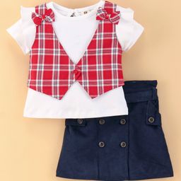 ToffyHouse Cotton Flutter Sleeves Top & Corduroy Skirt Set with Checked Waistcoat & Bow Applique - Red White & Navy-picture-12