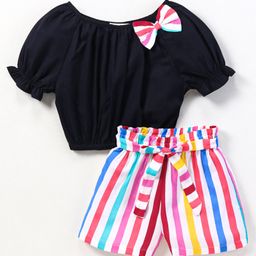CrayonFlakes Off Shoulder Puffed Sleeves Striped Bow Applique Top & Shorts - Navy Blue-image-61