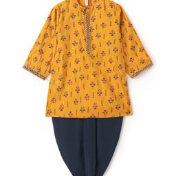 Babyhug 100% Cotton Woven Full Sleeves Floral Printed Kurta Dhoti Set - Mustard-image-5