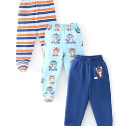 Babyhug Cotton Knit Interlock Booties Pant Striped & Raccoon Print Pack of 3 - Multicolour-image-40