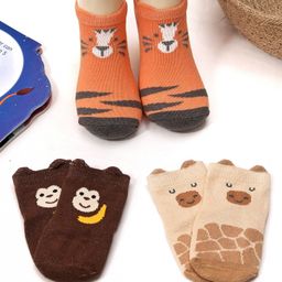 Yellow Bee Pack Of 3 Animal Printed Anti Skid Socks - Orange Beige & Brown-image-64