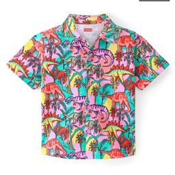 Babyhug Cotton Knit Half Sleeves Regular Collar Dino Printed Shirt - Red & Blue-image-3