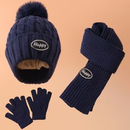 Pine Kids Woolen Pom Pom & Text Applique Cap With Muffler & Pair Of Gloves - Navy-picture-18