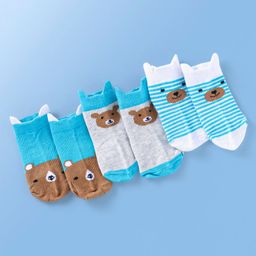 Doodle Poodle Cotton Knit Ankle Length Socks Stripe & Bear Design Pack of 3 -Light Blue & Gray-picture-45