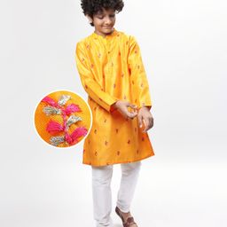 Pine Kids Woven Full Sleeves Embroidered Kurta Pyjama Set - Yellow-picture-17